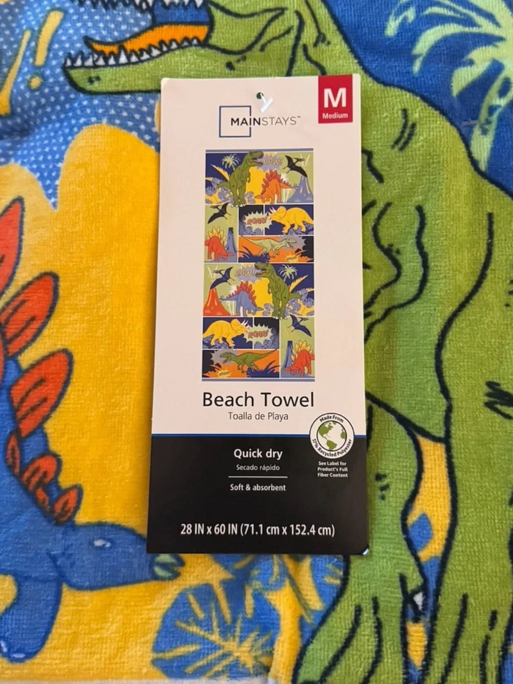 3 COUNT Mainstays Dino Dinosaur Print Beach Towels- Green, Blue & Yellow